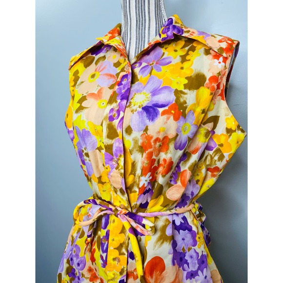 Vintage 70s Lady Manhattan Vibrant Floral Sleeveless Top Belted Size Large Retro - Picture 7 of 11